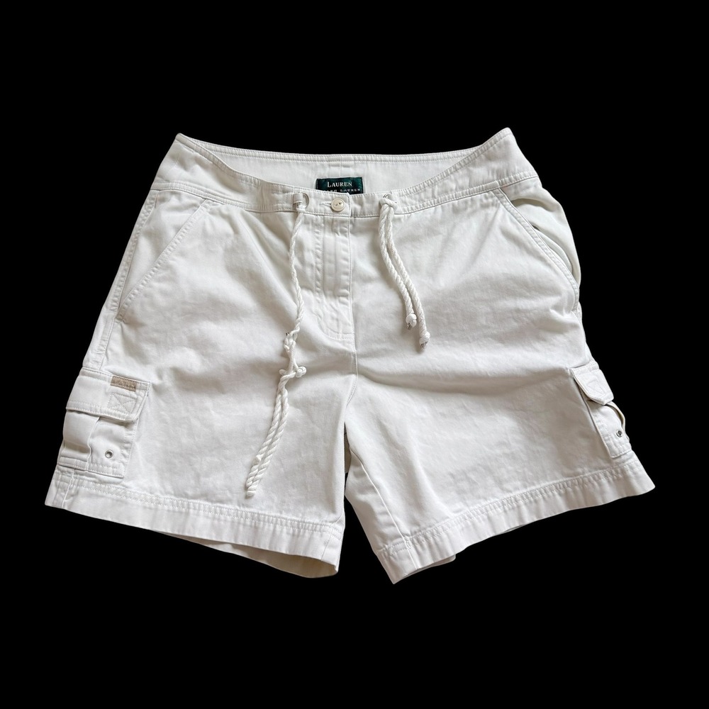 90's Lauren Ralph Lauren White Cotton Cargo Shorts Drawstring Size 10